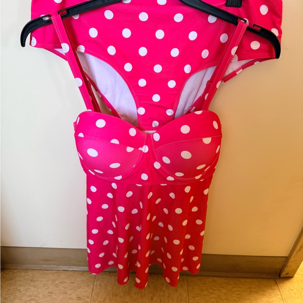 SHEIN Pink Polka Dot Plus Size 2XL Tankini Bikini Swim Set Adjustable Strap